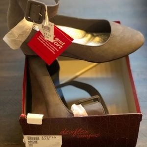 Grey Suede Ankle Strap Wedge Shoes